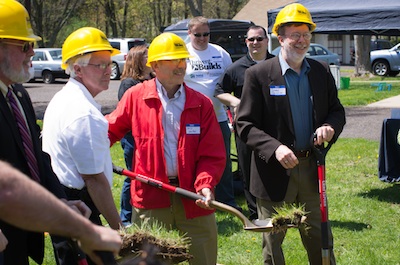 Among key volunteers getting this project underway were David Enlow (in red jacket) of St. Andrew, Audubon, and David Ochocki (right) of St. John, Center Square. Thrivent Financial Associates Thomas Hartnett of Lansdale and Jason Geddes of Telford (in background) also participated.