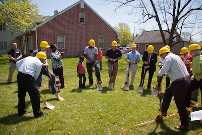 Representatives of Habitat for Humanity, the Upper and Lower Montgomery chapters of Thrivent, partner families and county officials turn the first dirt for the Thrivent Builds home in Hatfield.
