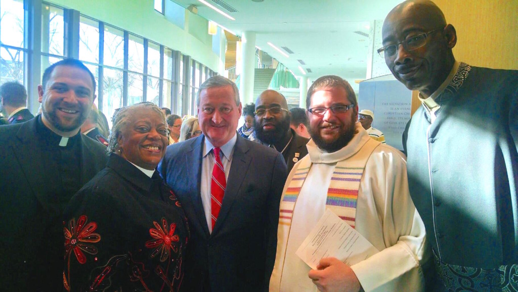 Mayor Jim Kenney with Pastor's Bradley Burke, Patricia Davenport, Jay Mitchell and Carlton Rodgers at his inaugural interfaith prayer service in January, 2016.